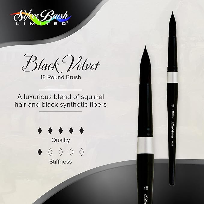 Silver Brush Limited 3000S-18 Black Velvet Round Paintbrush for Watercolor, Gouache, Inks, & Dyes, Size 18, Short Handle