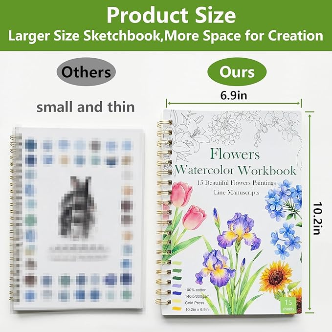 Watercolor Workbook,Water Coloring Book for Adult & Teens Beginners,15 Beautiful Flowers Designs 300gsm Cold Press Cotton Watercolor Paper,Perfect Gifts to Spark Creativity Stress Relief(10.2" x 6.9")