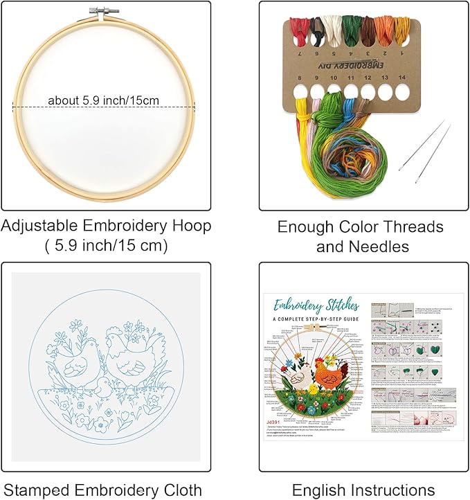 Louise Maelys Funny Animal Embroidery Kits for Beginners,Cross Stitch Kit for Adults,DIY Needlepoint with Hen Rooster Chick and Flower Lawn Pattern