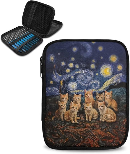 Hechitok Starry Night Cat Crochet Hook Case Without Hooks and Accessories Zipper Storage Organizer Bag with Web Pockets for Various Crochet Needles Accessories Crochet Hook Kit Tools