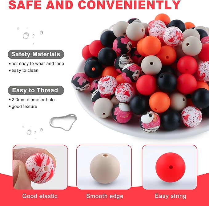 150Pcs Mixed Color 15mm Silicone Beads for Keychain Making, Red Orange Halloween Print Silicone Beads for Pens and Bracelet Jewelry Making