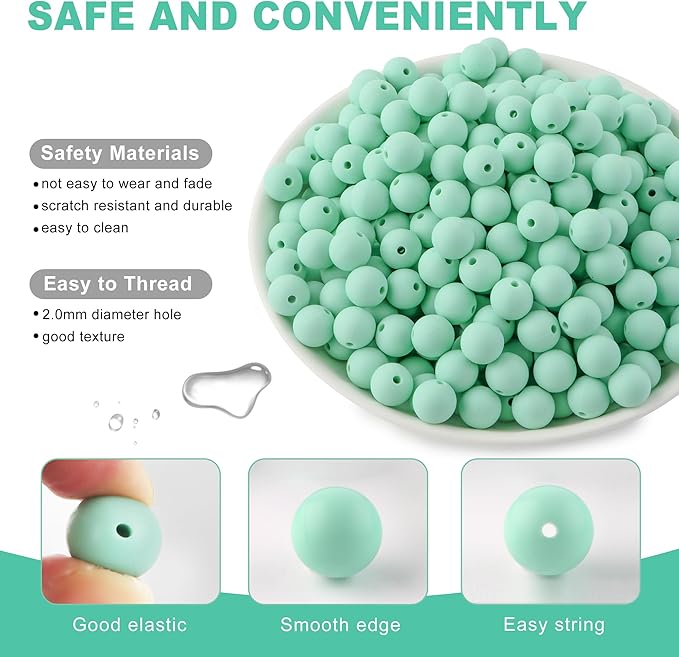 160Pcs 12mm Silicone Beads for Keychain Making Bracelet Necklace, Bulk Round Silicone Beads for Pens（Mint Green）