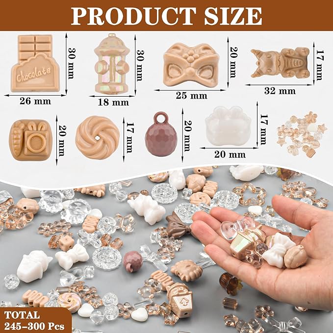 ABONDEVER 245-300Pcs Assorted Acrylic Beads for Bracelets Making Kawaii Star Bow Flower Candy Heart Gummy Bear Butterfly Beads for DIY Jewelry Crafts Keychain Necklace Phone Charms(Coffee)