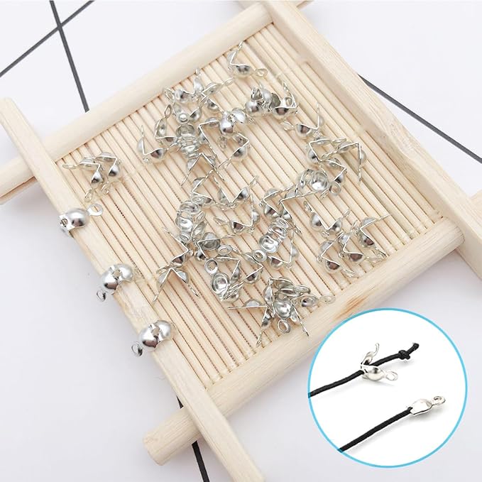 1400 Pieces Brass Tube Crimp Beads Wire Guardians Crimp Bead Knot Covers Bead Tips Knot Covers for DIY Bracelets Necklaces Jewelry Making Crafts Supplies (Silver)