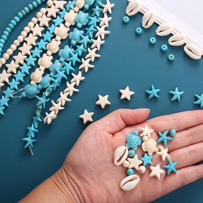 344Pcs Turquoise Sea Turtle Beads Blue and White Starfish Beads Tortoise Turtle Charms Summer Beach Animal Spacer Bead Shell Bead for Jewelry Making DIY Bracelet Necklace (8 Strings)