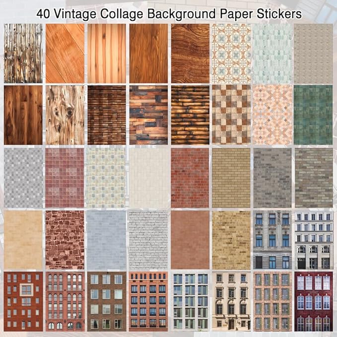 Retro Wall Pattern Collection Self-Adhesive Background Stickers for Journaling and Scrapbooking Supplies, 40 Sheets 5.5x3.9 Inches Vintage Decorative Stickers for Wall Collage Scrap Book Paper Crafts