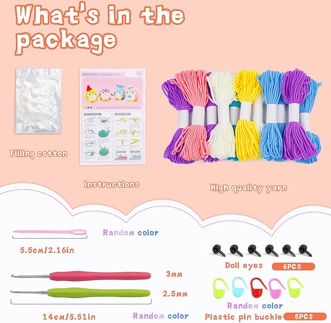 2 Pack Crochet Kit for Beginners, Animal Crochet Kit, Cute Crochet Starter Kit with Video Tutorial, 2 Crochet Hooks, Colored Crochet Yarns, 5 Stitch Markers Complete Crochet Set to Make 2 Penguins