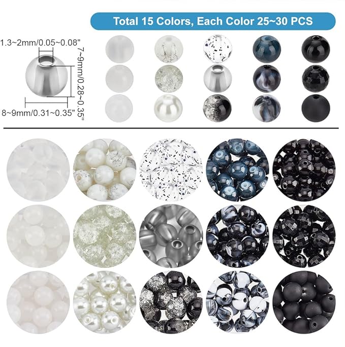 PH PandaHall 450pcs 8mm Marble Glass Beads - 15 Colors Black White Bracelet Beads Opaque Acrylic Loose Beads Spacers for Easter Ramadan Jewelry Making