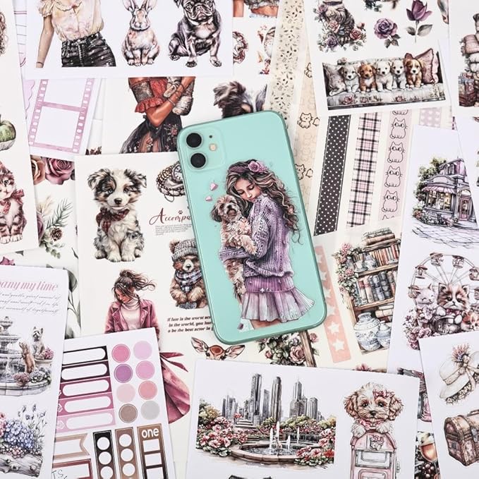 Pet Friends Journal Sticker Book for Adults Journaling, Scrapbook PET Washi Stickers for Scrapbooking, Junk Journal Supplies, Collage, Bujo, A5, 20 Sheets