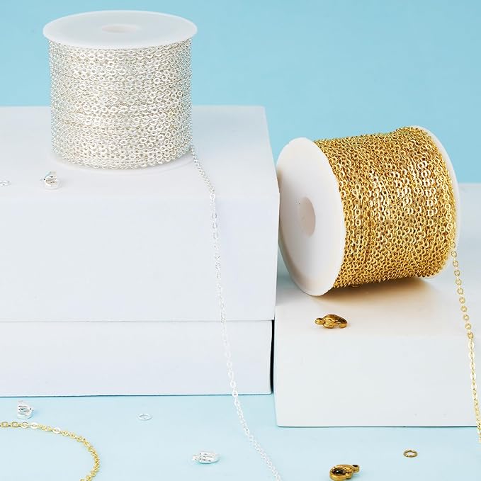 Kyutong 65.6 Feet Stainless Steel Jewelry Making Chains Bulk on Spool 2 Rolls Cross Cable Chain Links Gold Silver Craft Jewelry Supplies with Lobster Clasps Jump Rings for DIY Handcraft