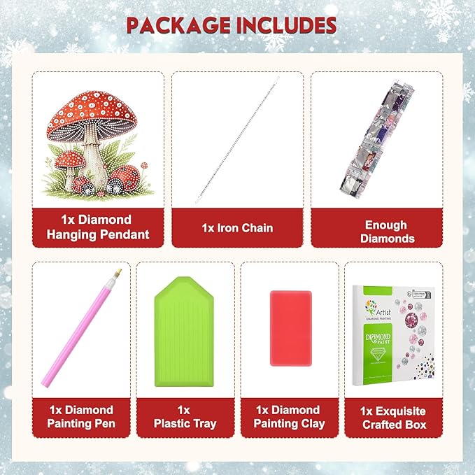 NEWENMO Diamond Art Hanging Kit for Adult, Cartoon Mushroom, DIY Double Sided Acrylic Special Shaped Diamond Art Painting Window Pendant Ladybug Mushroom, Home Garden Wall Hanging Ornament Kits