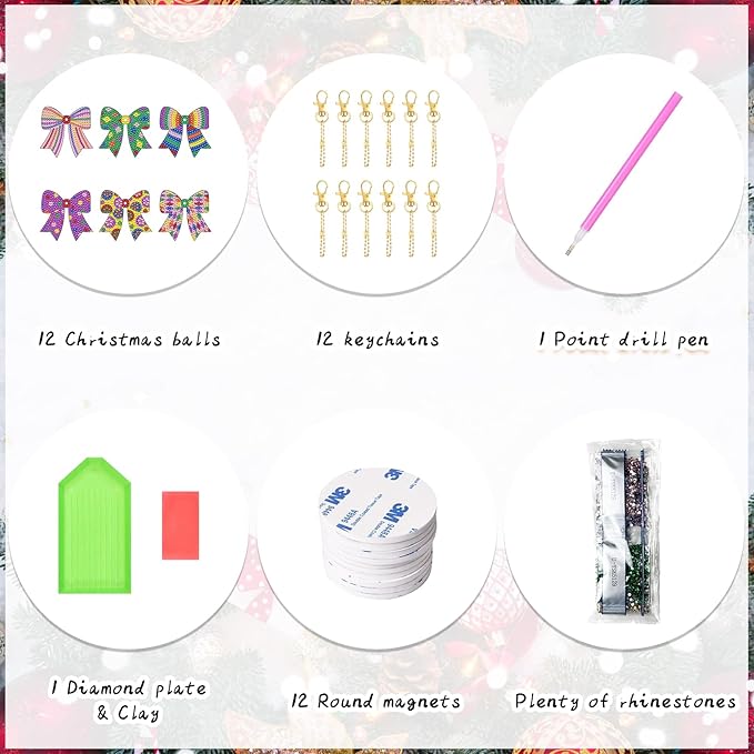 Cinrobiye 12 Pieces Christmas Diamond Painting Keychains Kits with Tools Christmas Diamond Art Hanging Ornaments DIY Xmas Refrigerator Decor Craft Kits for Holiday Party (Bow)