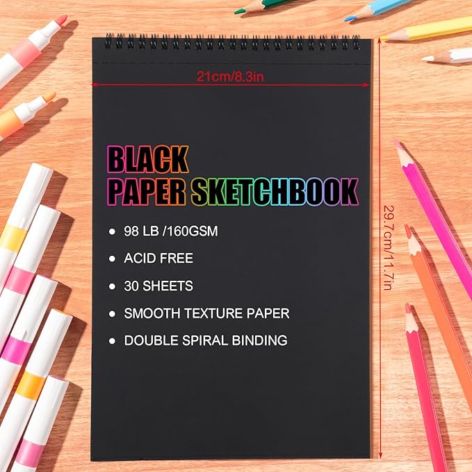 30 Sheets Black Paper Sketchbook, 98lb/160gsm Heavyweight Black Sketch Pad 8.3×11.7in, Acid-Free Drawing Paper, Spiral Bound Sketch Book for Kids, Teens, Artist