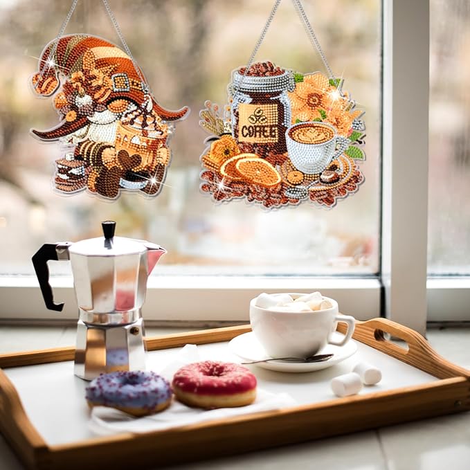 Zonon 6 Pcs Coffee Diamond Painting Hanging Sign Set 5d Diamond Art Hanging Craft Kit DIY Pendant Ornaments Kits Crystal for Adults Gift Coffee House Wall Door Home Restaurant Bar Window Decor
