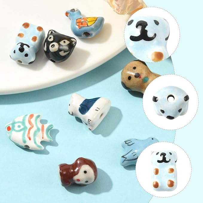 8Pcs Ceramic Porcelain Beads for Bracelets Making 8 Styles Monkey Wolf Dog Bear Fish Bird Handmade Famille Rose Ceramic Spacer Beads for DIY Jewelry Necklaces Earrings Keychains Crafting