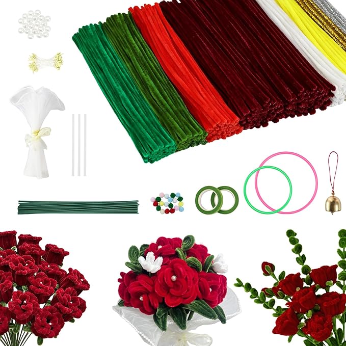 beanicus 600 PCS Valentine's Day Pipe Cleaners Craft, Pipe Cleaners Flowers Kit, Rose Flowers DIY Chenille Stems, Green and Red Pipe Cleaners, Valentines Day Rose Kit, Vday Decoration