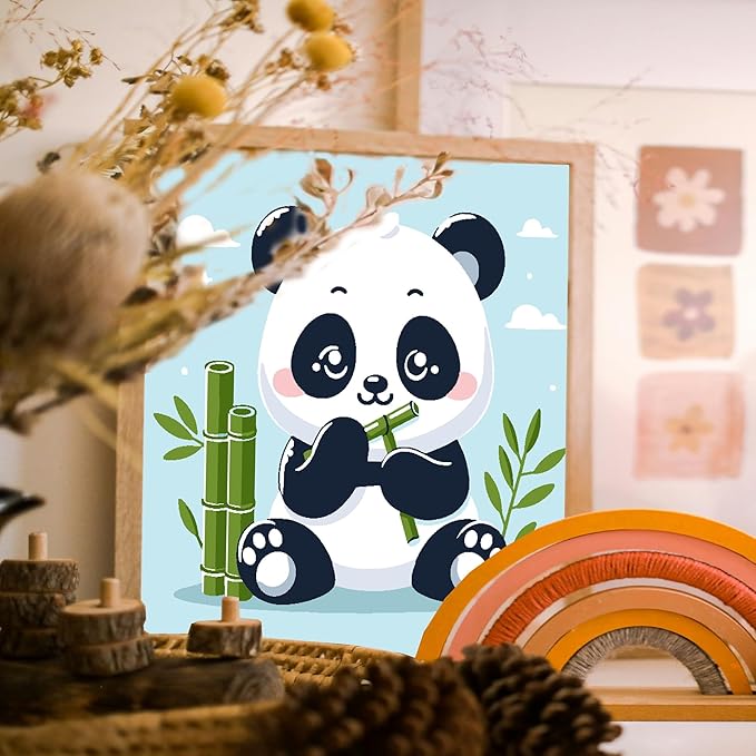 Gemozaic Paint by Numbers Kit for Kids with Frame and Easel, Cute Panda Kids Paint by Number on Canvas for Age 4-8, 8x8 Inch