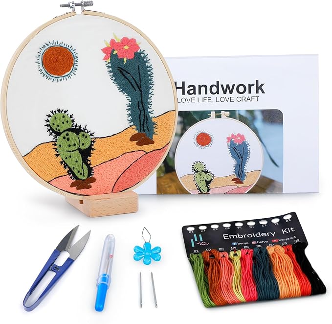BERYA Funny Cactus Embroidery Kit with Embroidery Hoop, Easy Embroidery Kit for Beginners, Include Instructions, Display Stand, Printed Cloth, Threads and Tools - with Video Tutorials (BEC003)