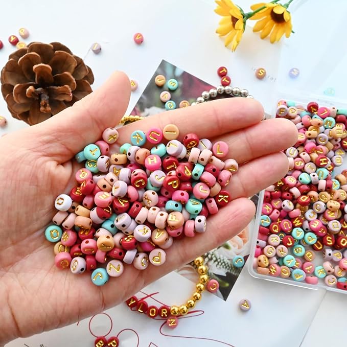 1000pcs Colorful Letter Beads Gold 7x4mm and Elastic String with Storage Box for Jewelry Making Bracelet Hair Braids Crafts