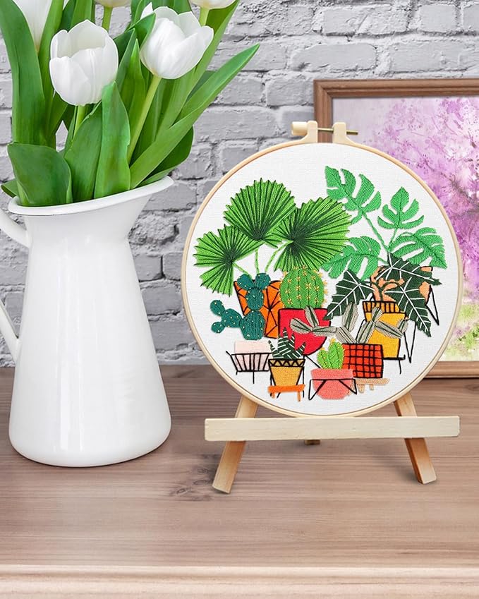 ERKOON Embroidery Kit for Beginners, Flower Cross Stitch Set for Include Embroidery Cloth Hoops Threads for Craft Lover Hand Stitch with Embroidery Skill Techniques (Greenery)