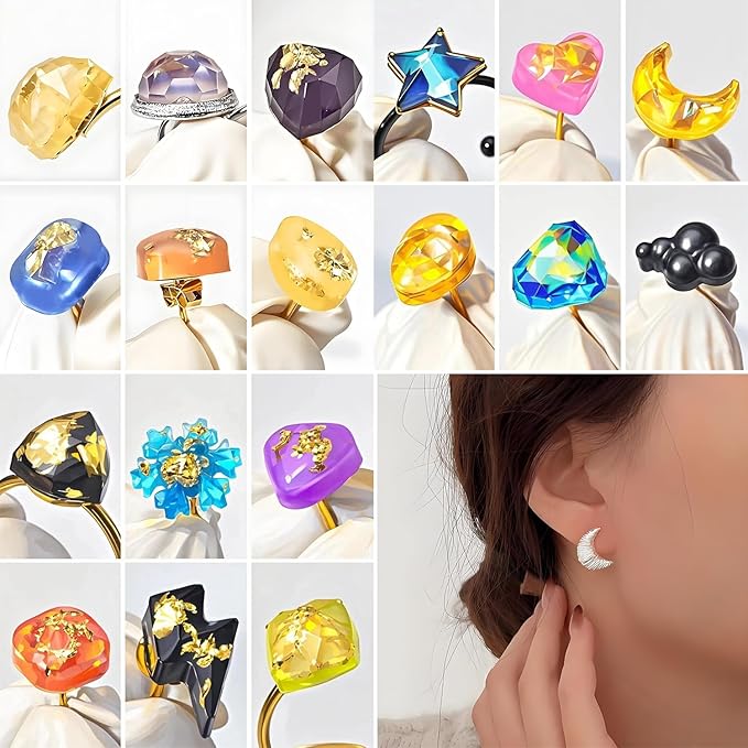 Epoxy Resin Molds Jewelry, Small UV Resin Molds Silicone Kit with Earring Backs & Ring Settings Accessories, DIY Mini Silicone Moulds for Earrings, Pendants, Rings, Necklace & Keychains Art Crafting