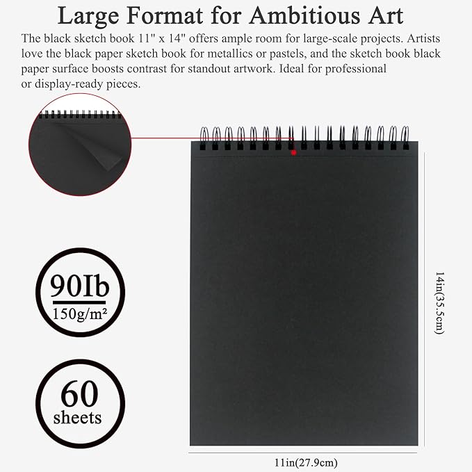 fuxi black sketchbook 11x14 inches, 60 sheets (90lb/150gsm), hard cover spiral bound | black paper pad for illustration & art class, professional artist sketch book for adults & students.