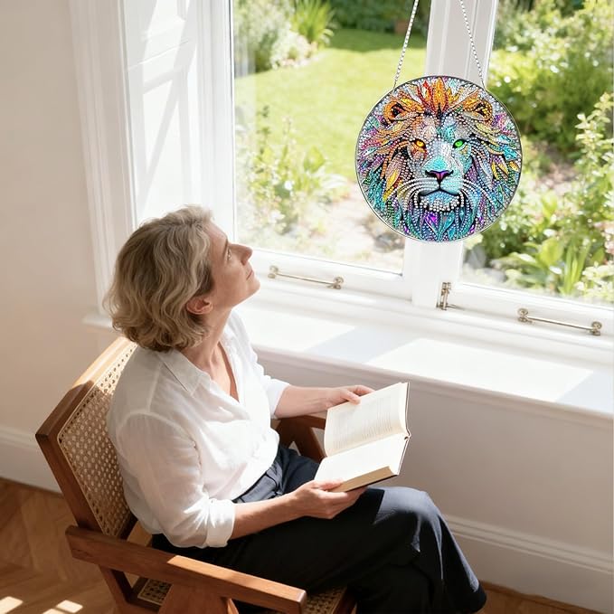 Lxmsja DIY Stained Glass Lion Diamond Painting Hanging Ornament, Double-Sided Acrylic Lion Diamond Art Kit, Special Shaped Suncatcher Hanging Pendant Window Art Kit 8x8 inch
