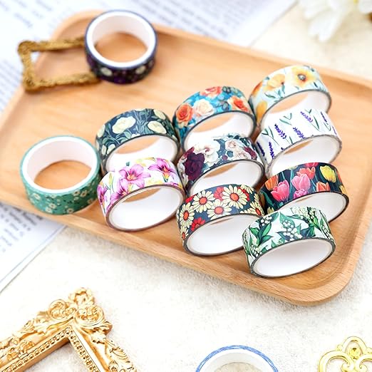 12 Rolls Flower Washi Tape Set, Colorful Floral Decorative Tape Vintage Botanical Masking Tape for Journaling Supplies, Junk Journal, Scrapbooking, DIY Arts & Crafts, Gift Wrapping