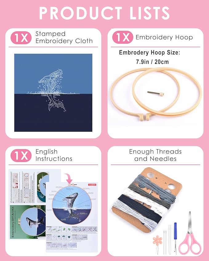 TINDTOP Embroidery Kit for Beginners Adult, Whale Embroidery Practice Kit for Beginners Include Embroidery Cloth Hoops Threads for Craft Lover Hand Stitch with Embroidery Skill Techniques