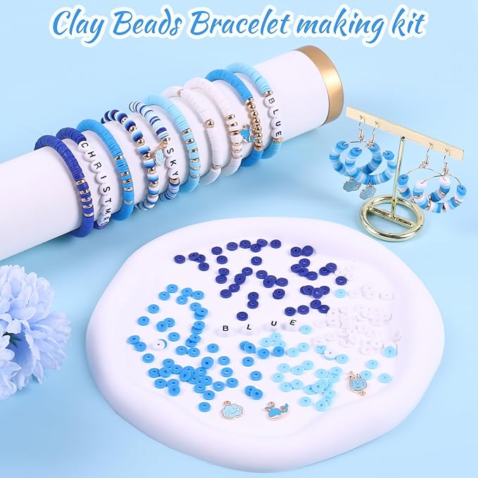 Wuollgess 3500 PCS Valentines Blue Clay Beads for Bracelet Making Kit, Polymer Heishi Beads for Jewelry Making Friendship Bracelet Kit for Adults, Spacer Letter Beads for Necklace Earring DIY