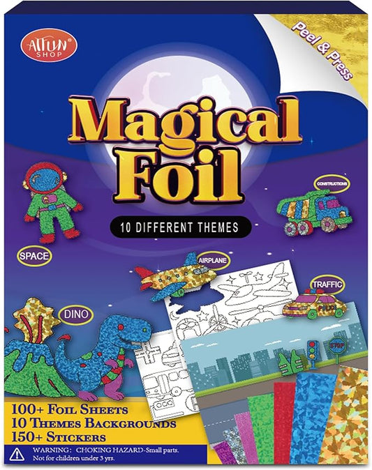 atfunshop magical foil art space dinosaur traffic construction & airplane - no mess foil craft kit for kids ages 4 5 6 7 8 9 fun creative diy activity, ideal birthday gift for boy