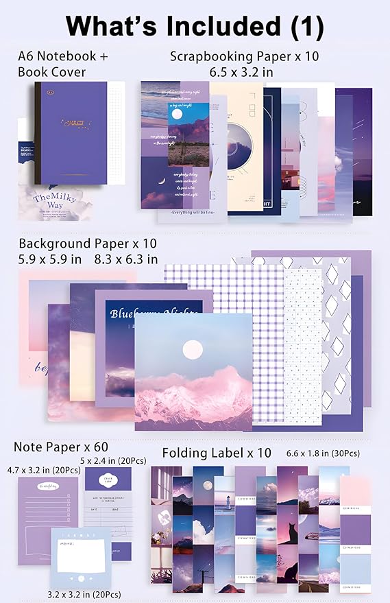 joychoic 348 pcs scrapbook kit, moonlight junk journal supplies, purple journaling and scrapbooking materials, large aesthetic collection for women, stationery diy arts craft, adults daily