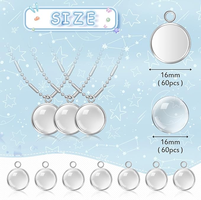 Hicarer 120 Pieces 16mm Stainless Steel Pendant Tray Blanks Kit Including 60 Pcs Silver Round Frame Tray Bases and 60 Pcs Clear Glass Cabochons Pendant for DIY Jewelry Making