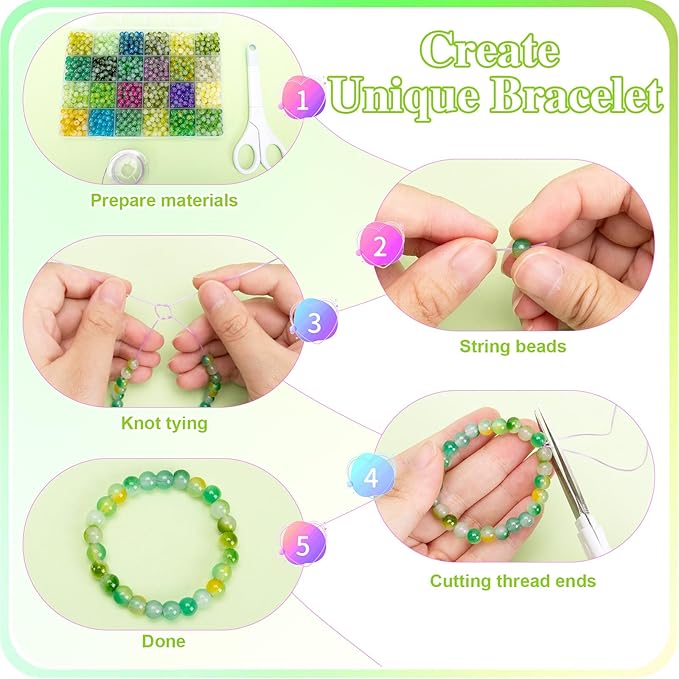 XSEINO About 1200+ pcs 6mm Glass Beads Bracelet Making Kit, 24 Assorted Green Bi-Color Fusion Series Crystal Beads for Jewelry Making, DIY Crafts, Friendship Bracelets