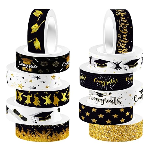 12 Rolls Graduation Washi Tape, Black Foil Gold Congrats Grad Masking Tapes, Congratulations Grad Cap Decorative Paper Stickers for Graduation Scrapbook Gift Wrapping DIY Art Crafts 16.4FT