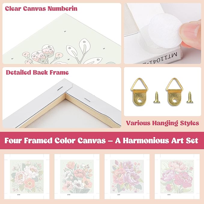 Lxmsja 4 Pack Colorful Peony Quartet Paint by Numbers Kit for Adults, Easy Framed Paint by Numbers for Adults Beginner, DIY Acrylic Oil Painting Craft Kits for Home Wall Decor 8x8 inch