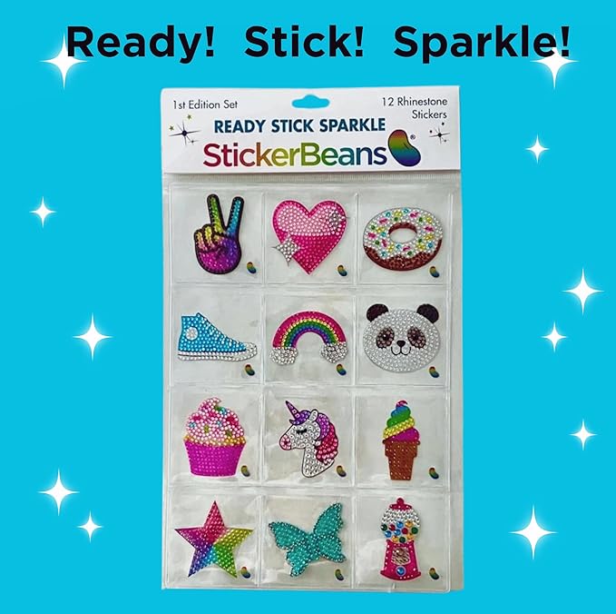 stickerbeans® rhinestone stickers – 1st edition collection 12-pack, 2” x 2” unique sparkly cut-to-shape for collecting, trading, decorating laptops, phone cases, scrapbooks, for kids & teens