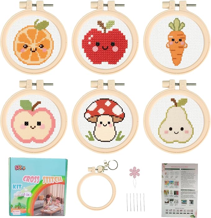 57lilina Cross Stitch Kits for Kids - 6 Set Easy Beginners Embroidery Kit for Kids, DIY Cute Pre Printed Stamped Crossstitch Needlepoint Patterns Craft for Backpack Charms, Keychains & Girls Gifts