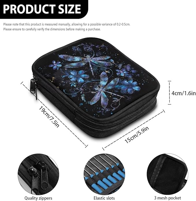 Hechitok Dragonfly Flower Empty Crochet Hook Case Portable Travel Crochet Storage Bag Organizer Zipper Bags with Web Pocket and Crochet Holder Slots for Crochet Knitting Accessories
