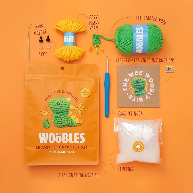 the woobles crochet kit for beginners - easy arts and crafts knitting & crochet animals kit as seen on shark tank - fred the dinosaur