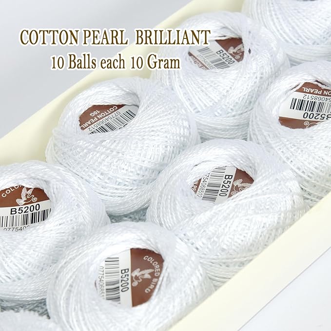 Double Mercerized Egyptian Long Staple Cotton Pearl Thread Ball 10 Grams Rainbow Color Embroidery Thread 10 Balls per Box for Crochet Hardanger Cross Stitch Hand Embroidery,White