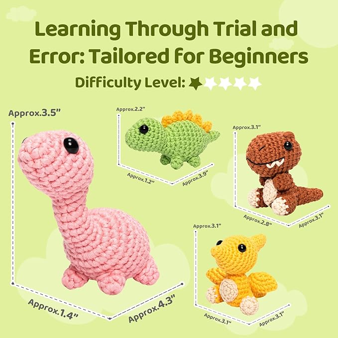 Mewaii Crochet Kit for Beginners, Crochet Animal Kit with Step-by-Step Video Tutorials, Crochet Starter Kit for Kids Adults DIY Crochet（5 Dinosaur Set）