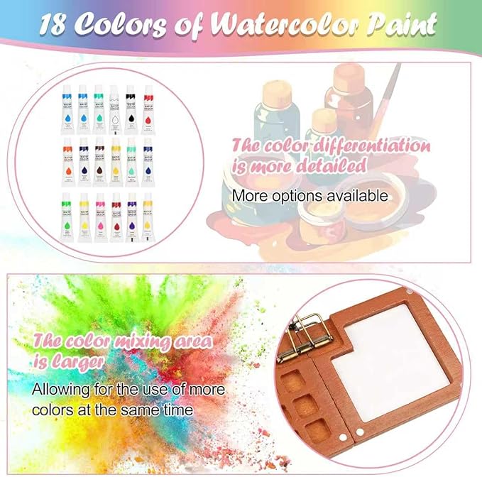 Travel Watercolor Set，Mini Paint Palette Travel kit，Mini Water Color Paint Set，Wooden 15 Grid Paint Box,18 Colors Small Watercolor Sketchbook for Artists Painters Students(Pink)