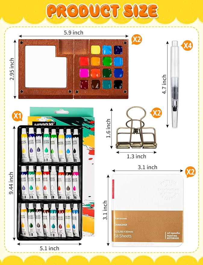 Mini Watercolor Travel Set, Mini Watercolor Paint Set with 2 Wooden 15-Grid Palette, 24 Colors Paint, 2 Sketch Books and 4 Brushes, Copper Clip and Sketchbook for Travel Painting
