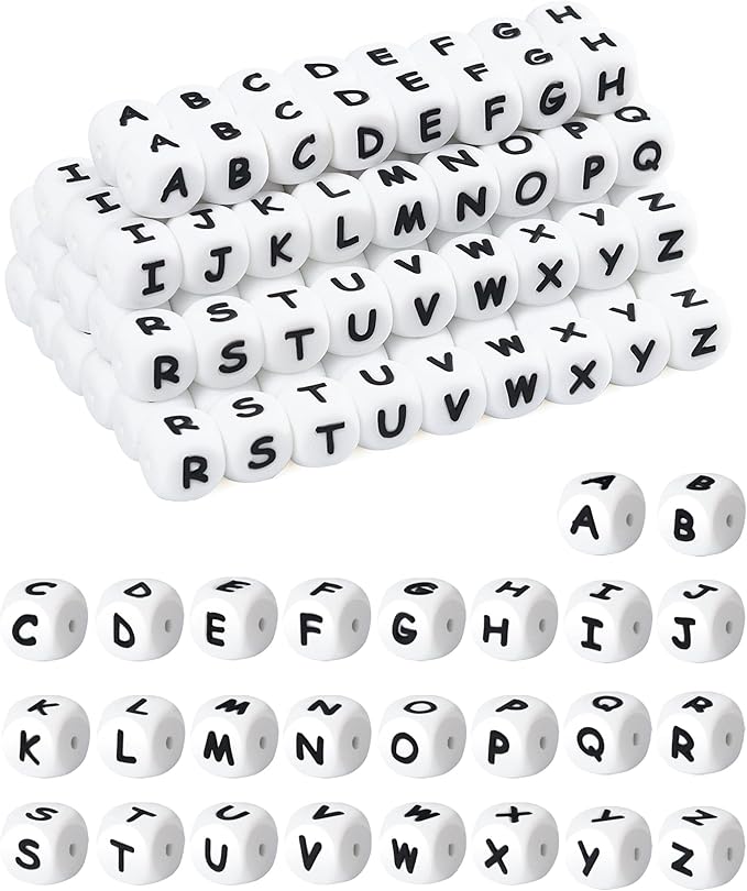130Pcs FIVEIZERO Silicone Letter Beads, 12mm A-Z Alphabet Beads,Square Bead for Bracelets and Keychains, Large Letter Bead for Necklaces and Lanyards Making（White）