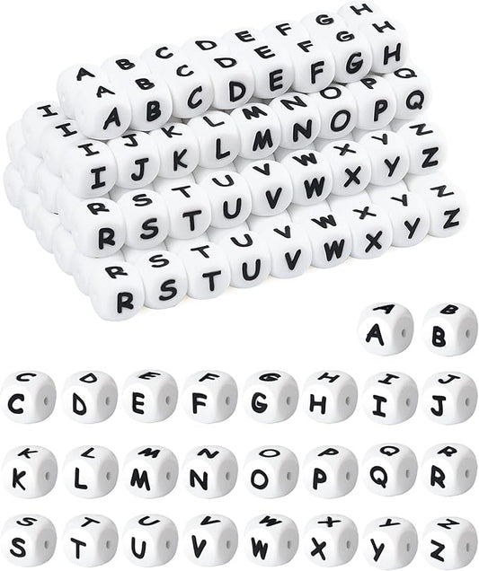 130Pcs FIVEIZERO Silicone Letter Beads, 12mm A-Z Alphabet Beads,Square Bead for Bracelets and Keychains, Large Letter Bead for Necklaces and Lanyards Making（White）