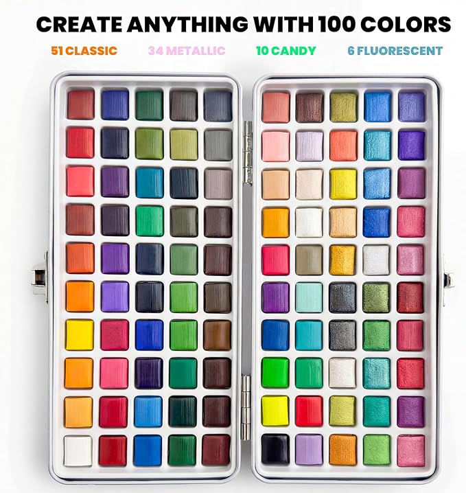 jusart 100 colors watercolor paint set,travel watercolor set with handbag,art supplies with metallic color, detail painting brushes, water brush pens, portable watercolor supplies for artists, professionals