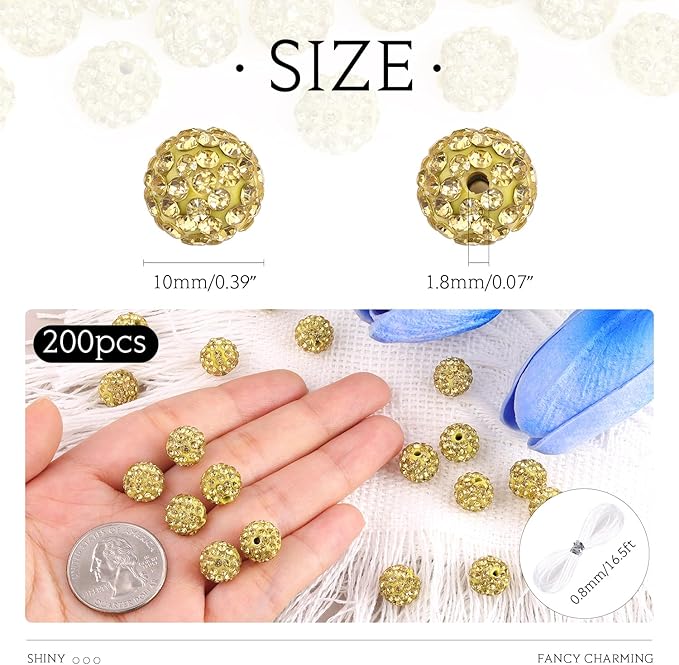 200 pcs light yellow rhinestone beads for jewelry making, sparkle crystal clay christmas for bracelet baseball necklace earring crafting and diy, shiny round shamballa disco ball beads bulk