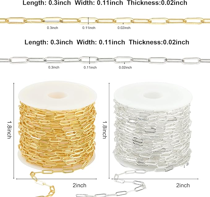 Kyutong 2 Rolls Paperclip Chain for Jewelry Making 32.8 Feet Jewelry Chain Links Silver and Gold Chains Bulk with Lobster Clasps and Jump Rings for DIY Craft Finding Jewelry Making Supplies