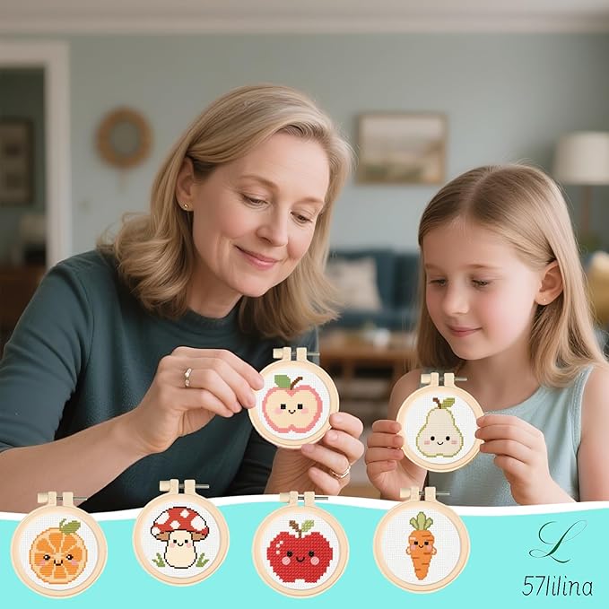 57lilina Cross Stitch Kits for Kids - 6 Set Easy Beginners Embroidery Kit for Kids, DIY Cute Pre Printed Stamped Crossstitch Needlepoint Patterns Craft for Backpack Charms, Keychains & Girls Gifts